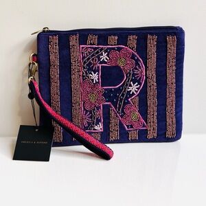 America & Beyond NWT “R” beaded purple velvet clutch, wristlet or cosmetics bag